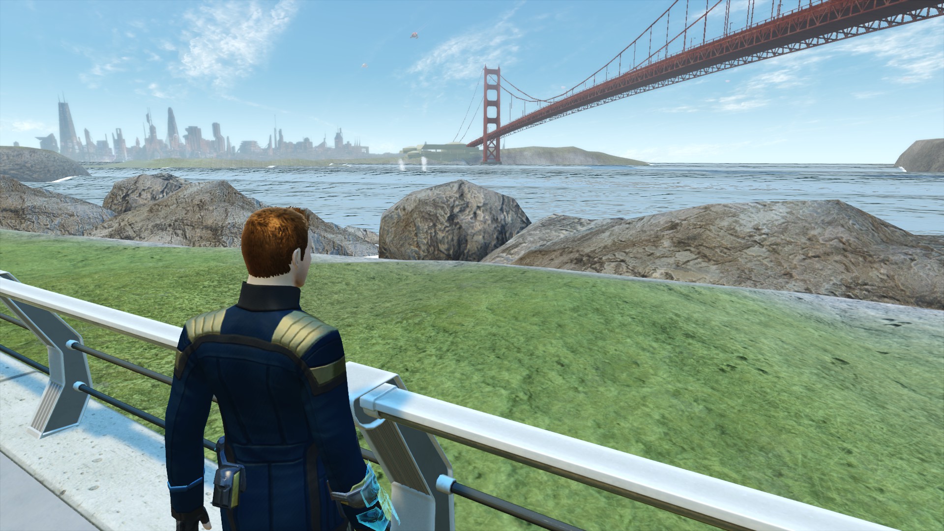 Star Trek Online, two tiny waterspouts can be seen in the far distance in San Francisco Bay on the Starfleet Academy map. Whales!