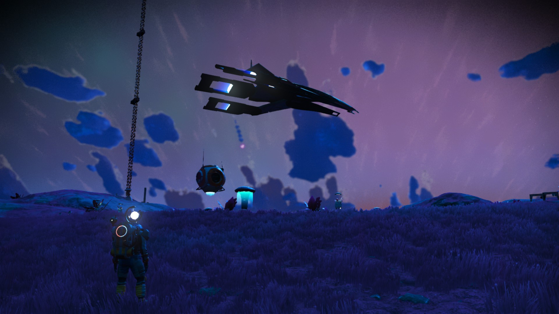 No Man's Sky, Expedition 2: The Mass Effect Normandy flys in under purple and green skies.