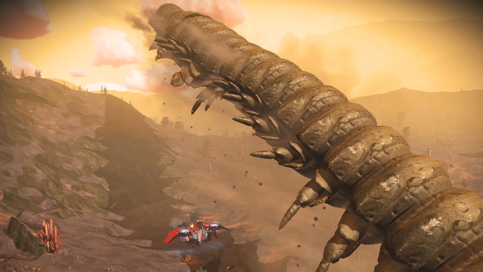 No Man's Sky, Expedition 4: Emergence, a giant sandworm leaps out of the ground and flies across a yellow sky above a dusty brown desert landscape.