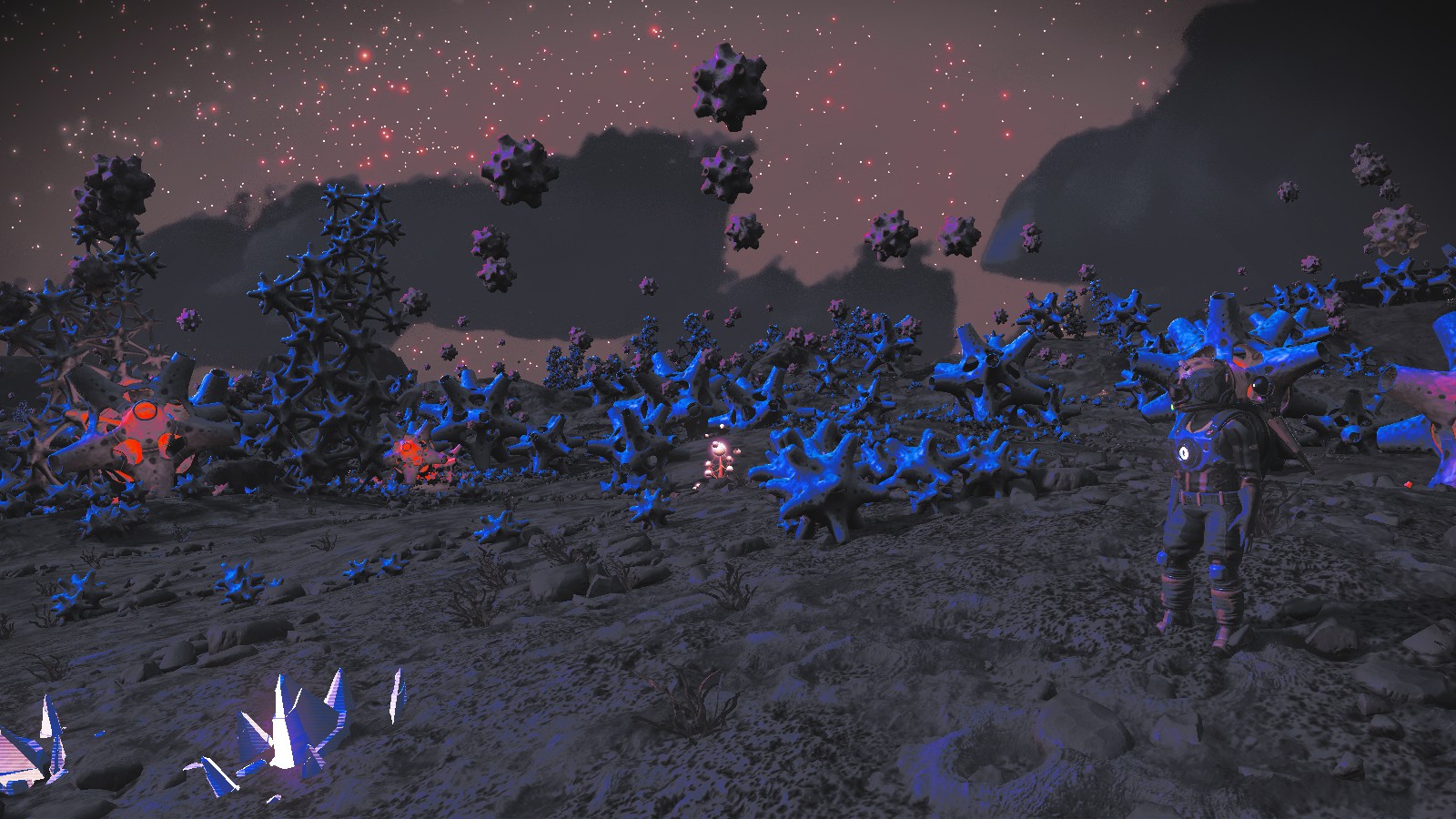 No Man's Sky, Expedition 6: Blighted, showing a planet with washed out lighting filled with weird gravity-defying caltrop-esque formations.  