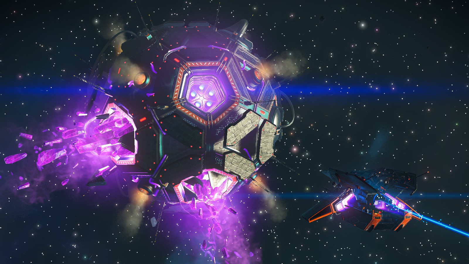 No Man's Sky, Expedition 10: Singularity. A multi-winged orange Sentinel ship approaches a space anomaly with giant sharp purple crystal shards exploding outward from its hull as it gives off a disturbing purple glow.   