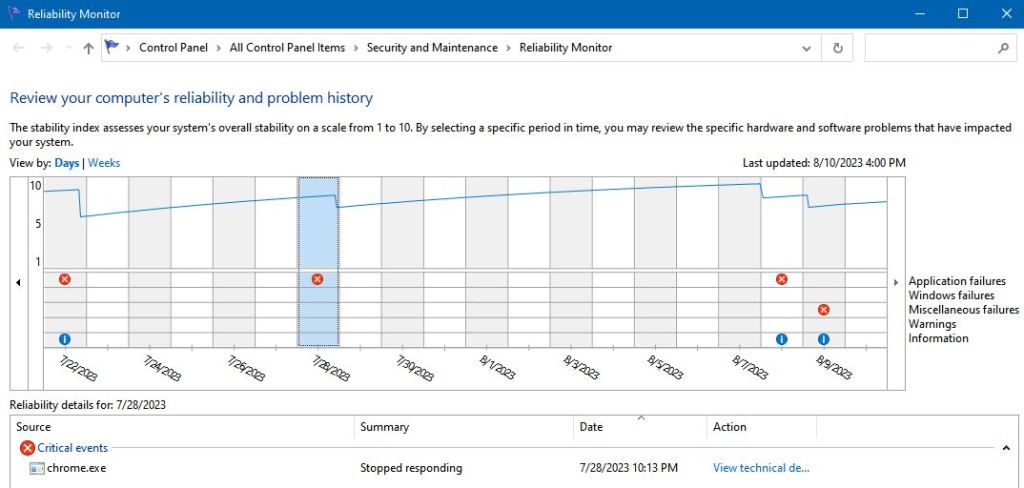 Reliability Monitor, a lesser known Windows tool for diagnosing issues