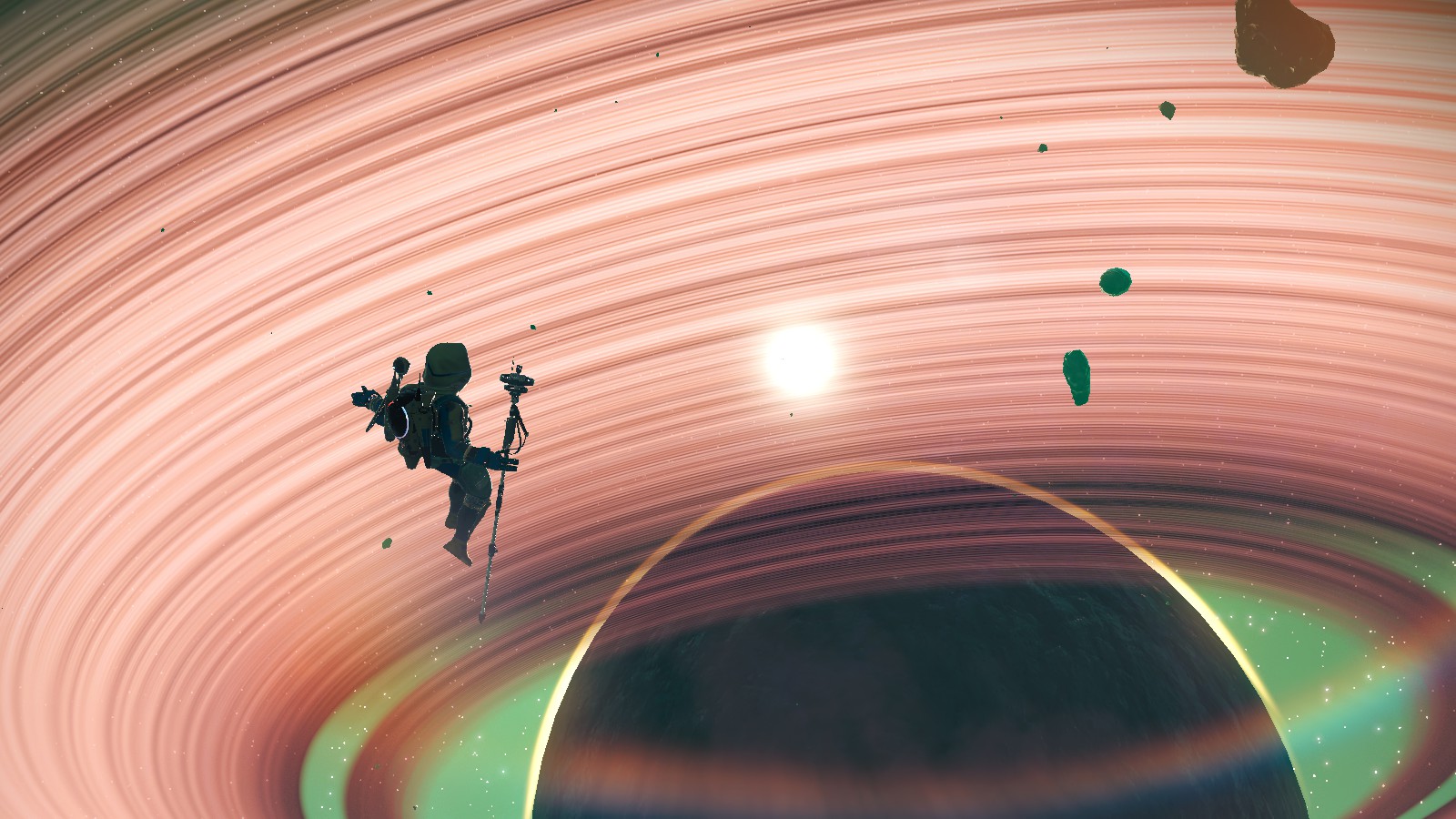 No Man's Sky, floating high above a ringed planet